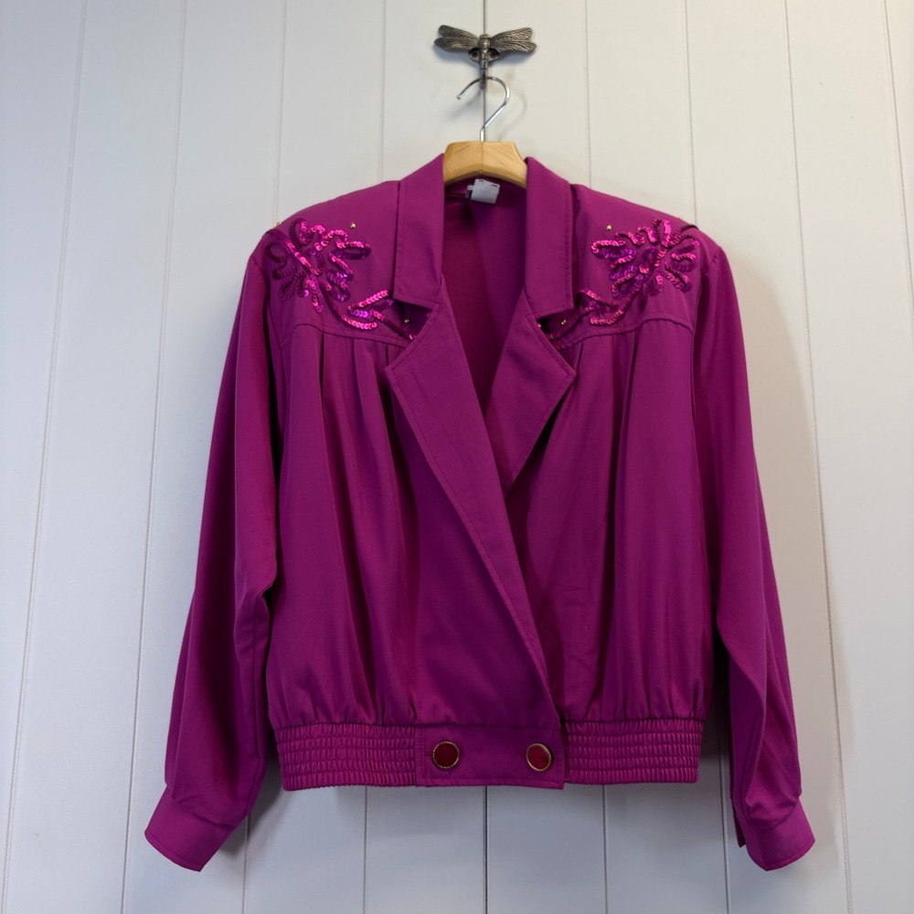 Eva Vintage 80s Sequin Bomber Jacket Women Size 9 Retro Glam Party Maximalist